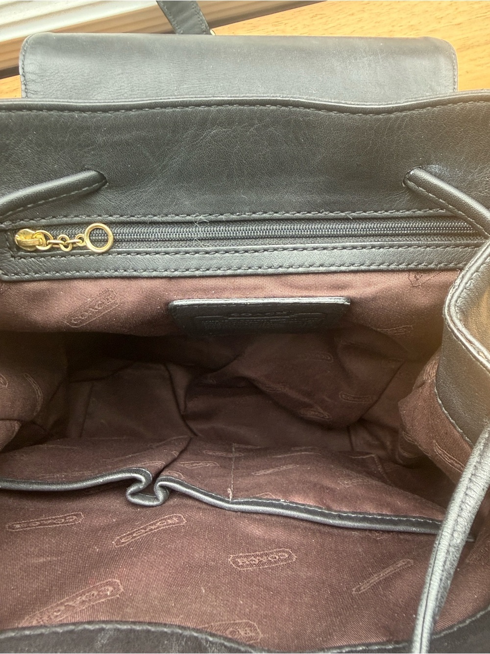 Coach Black Leather Flap Drawstring Backpack with Gold-Tone Hardware - Picture 4 of 6
